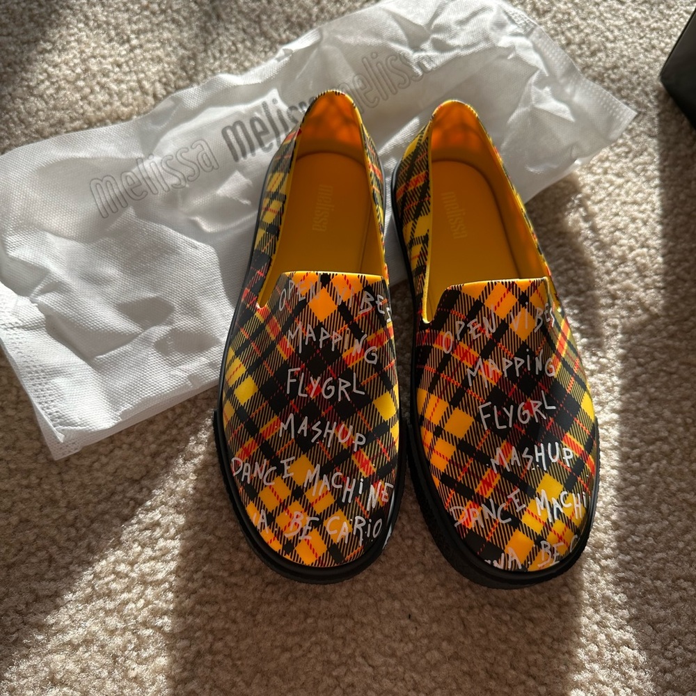 Melissa Women's Ground Sneaker Yellow Black Tartan Plaid shoes flat